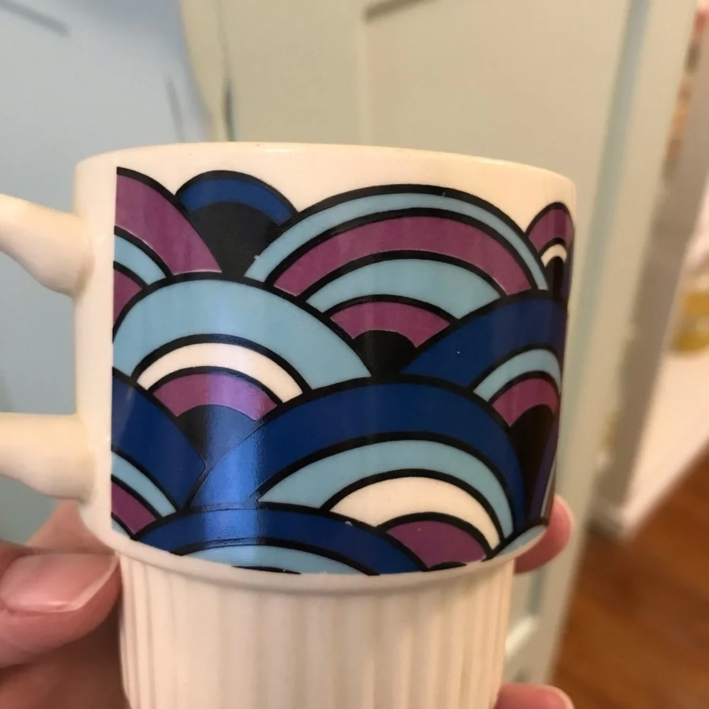 Vintage Coffee Cups Mid Century Modern Rainbow Arch Blue Purple White Set of 2